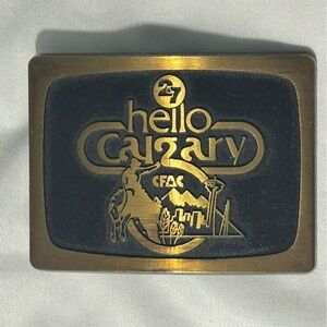 Vintage Brass “Hello Calgary” CFAC Distressed Belt Buckle Diecast